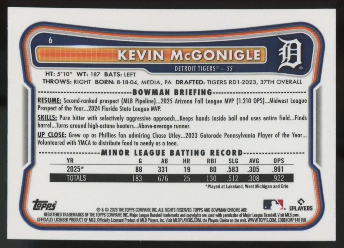2026 Bowman Chrome Kevin McGonigle RC Red Rookie Redemption #6