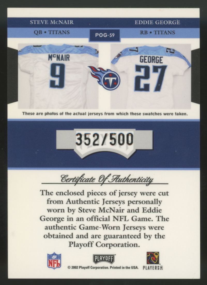 2002 Playoff Piece Of The Game Steve McNair, Eddie George Connections Patch /500