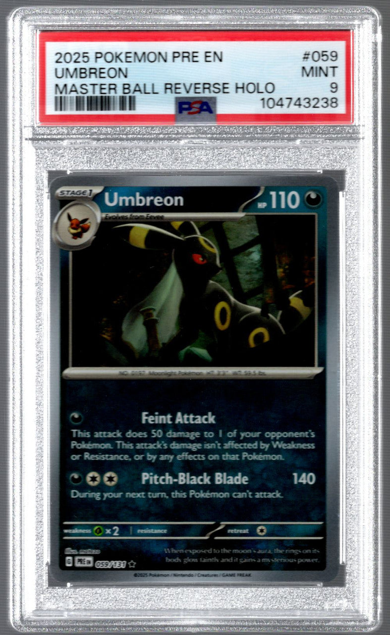 2025 Pokemon Umbreon Pristmatic Evolution Master Ball Reverse Holo #059 PSA 9
