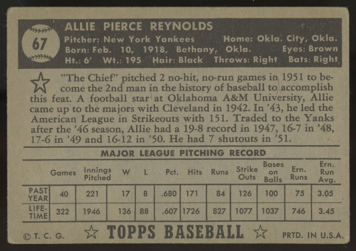1952 Topps Allie Reynolds #67 VG