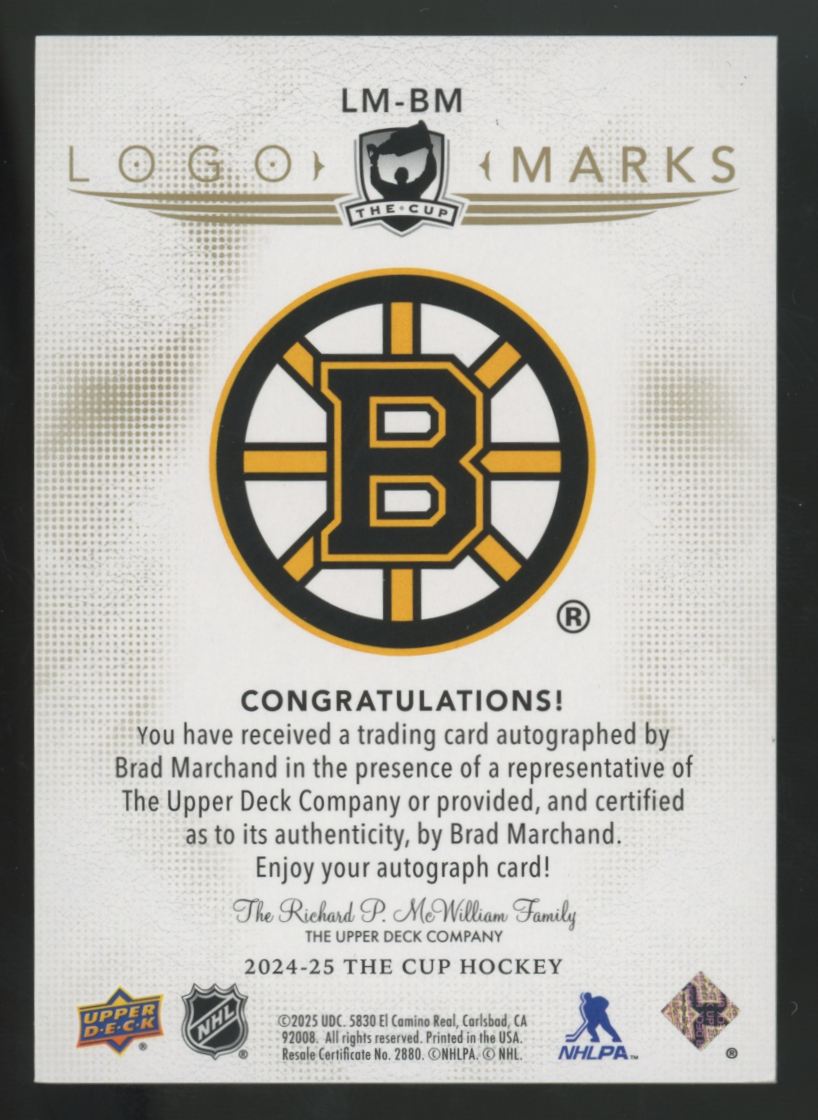 2024-25 Upper Deck The Cup Brad Marchand Logo Marks Gold Auto /15 #LM-BM