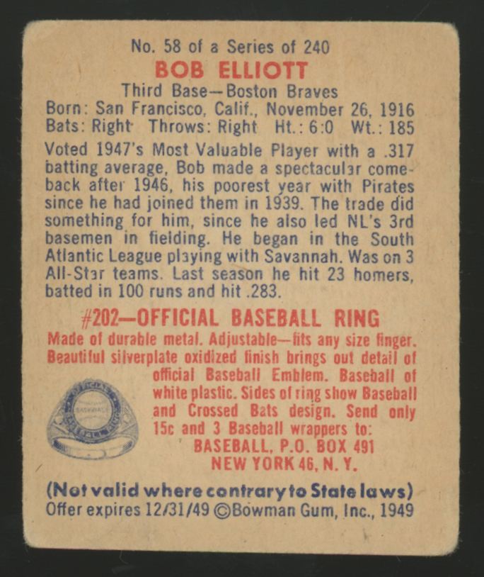 1949 Bowman Gum Bob Elliott #58 G/VG