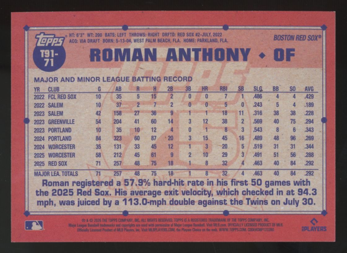 2026 Topps Series One Roman Anthony RC 1991 Crackleboard Foil #T91-71