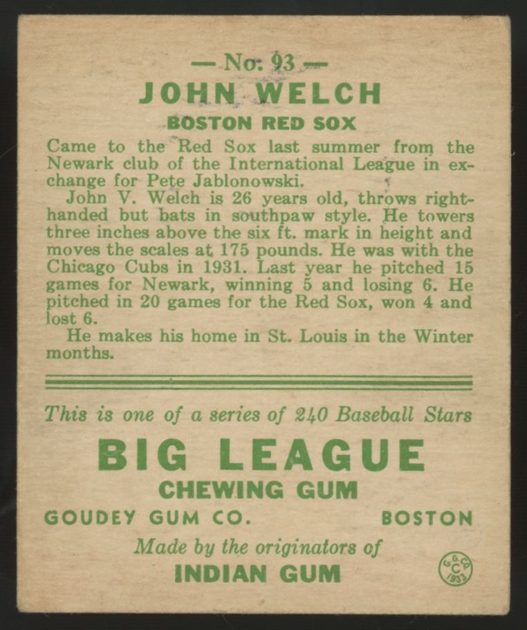 1933 Goudey John Welch #93 VG/EX