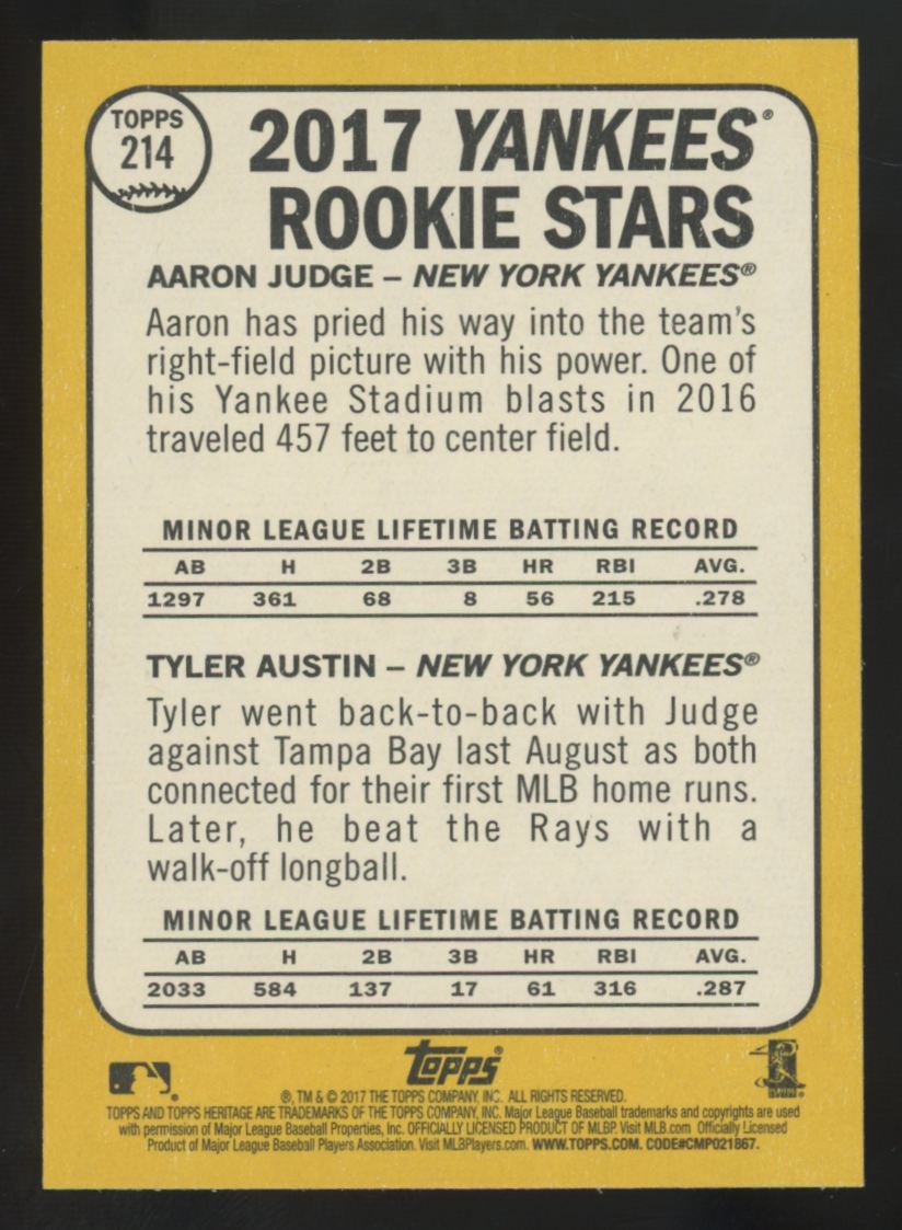 2017 Topps Heritage Aaron Judge/Tyler Austin RC Rookie Stars #214