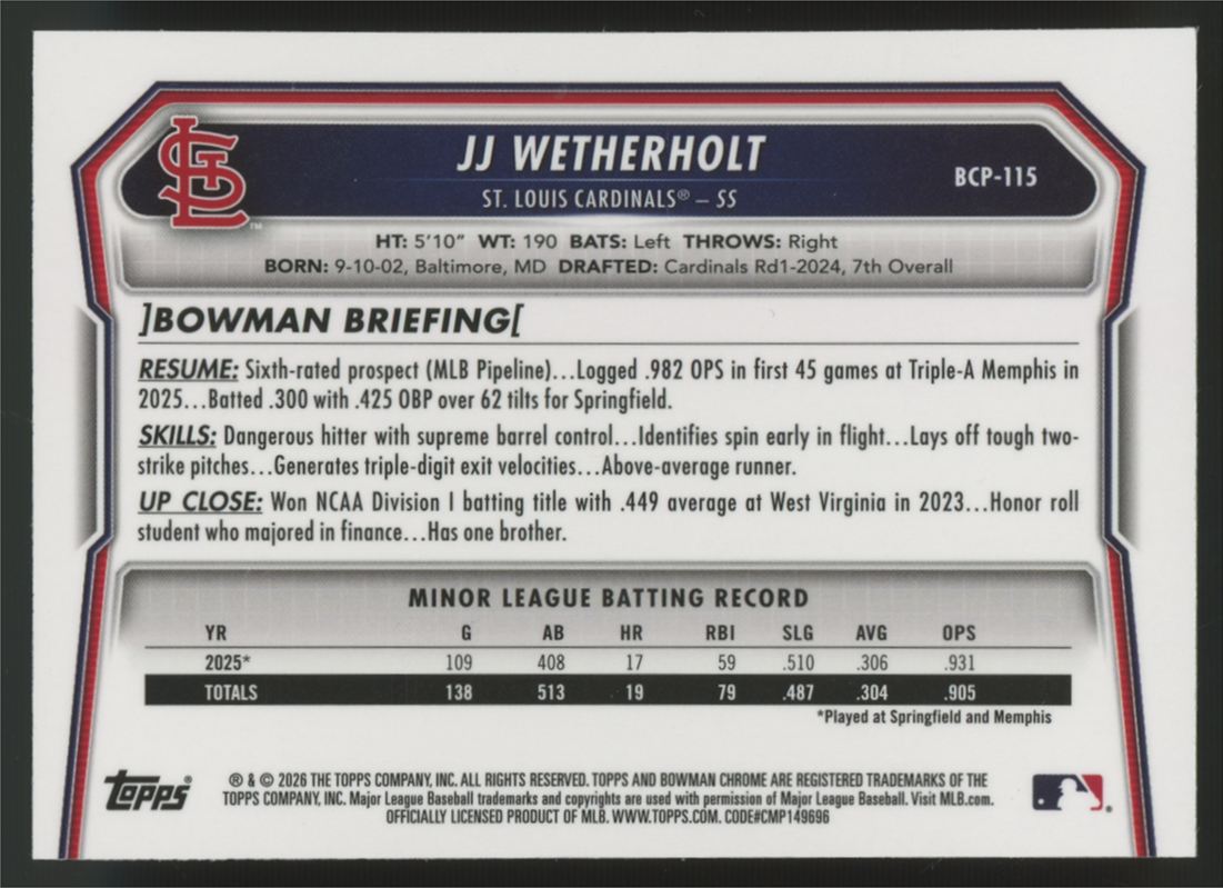 2026 Bowman Chrome JJ Wetherholt Pink Mojo Refractor /199 #BCP-115