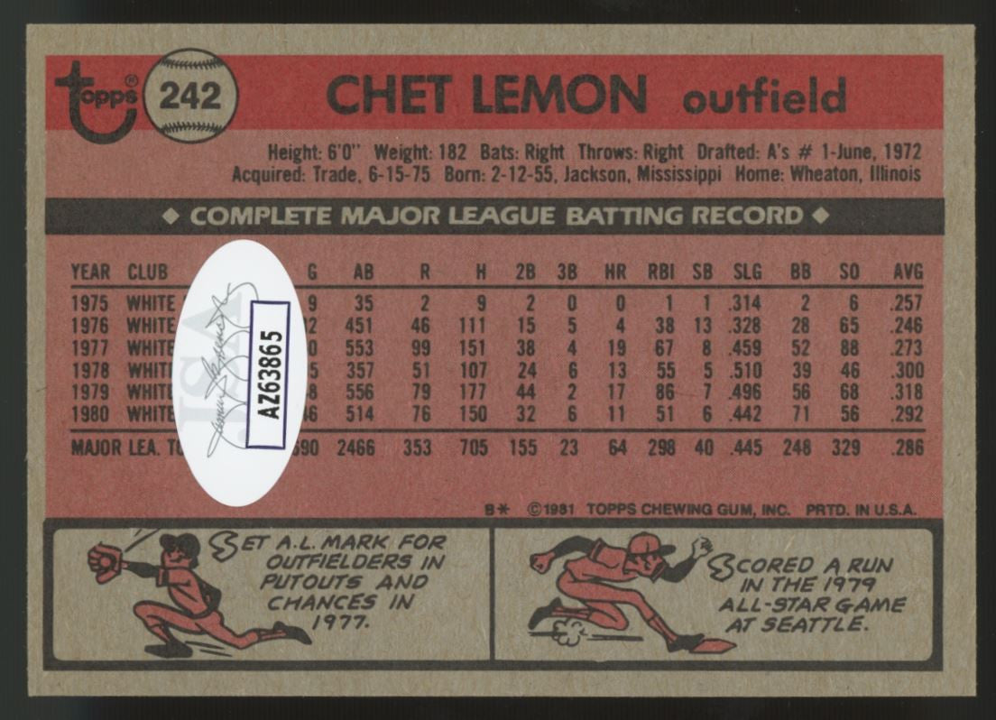 1981 Topps Chet Lemon #242 Signed Auto JSA