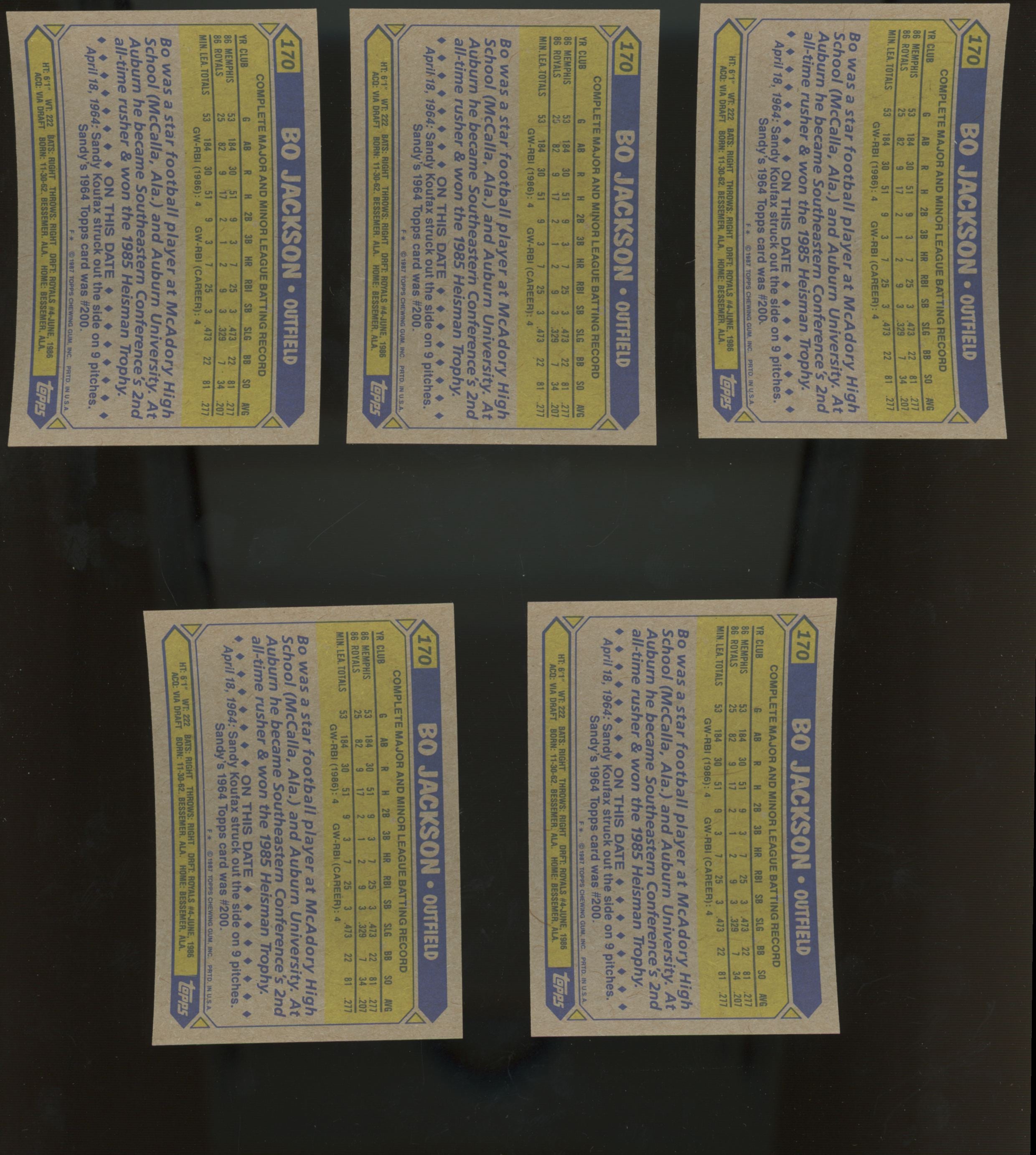 1987 Topps Bo Jackson RC #170 Lot of 25 NM-MT "A"