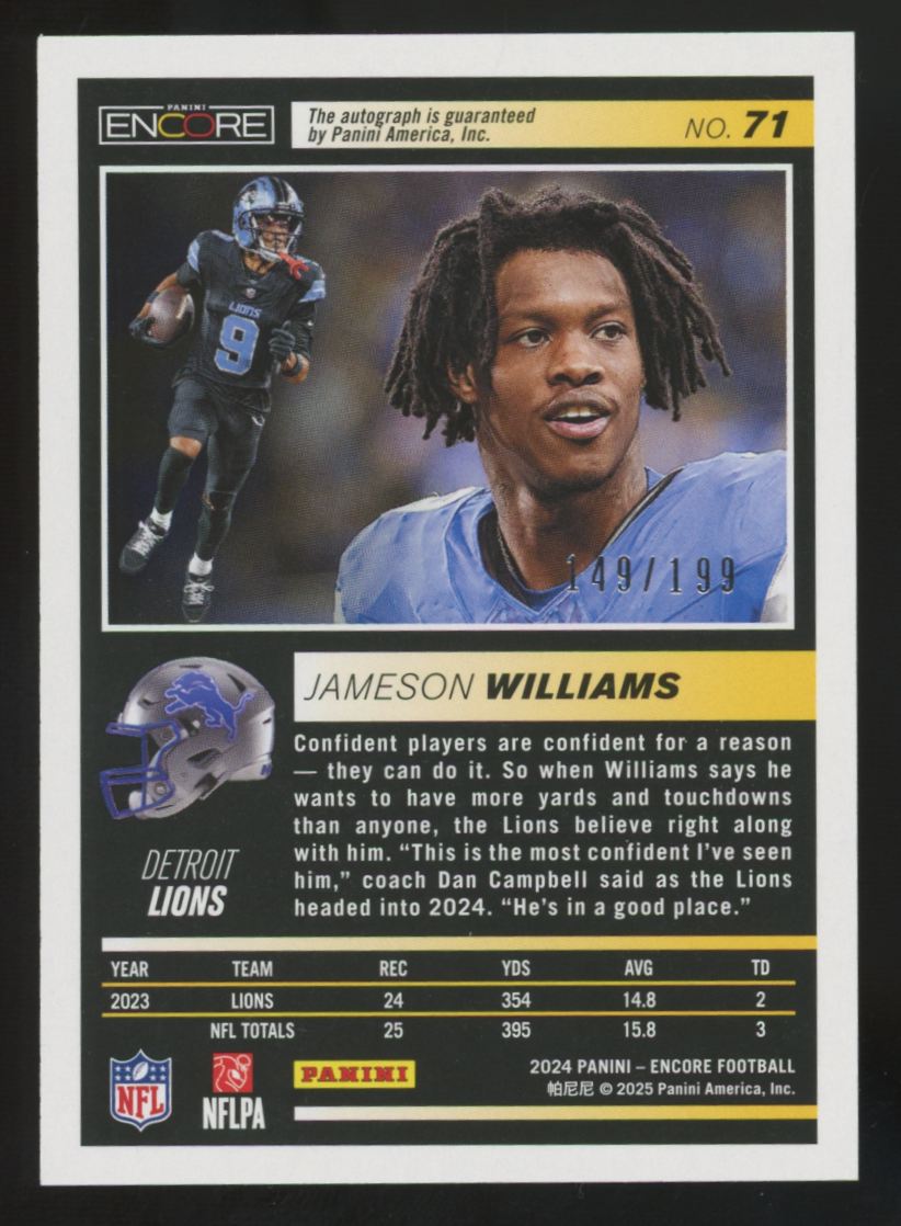 2024 Panini Encore Jameson Williams Auto /199 #71