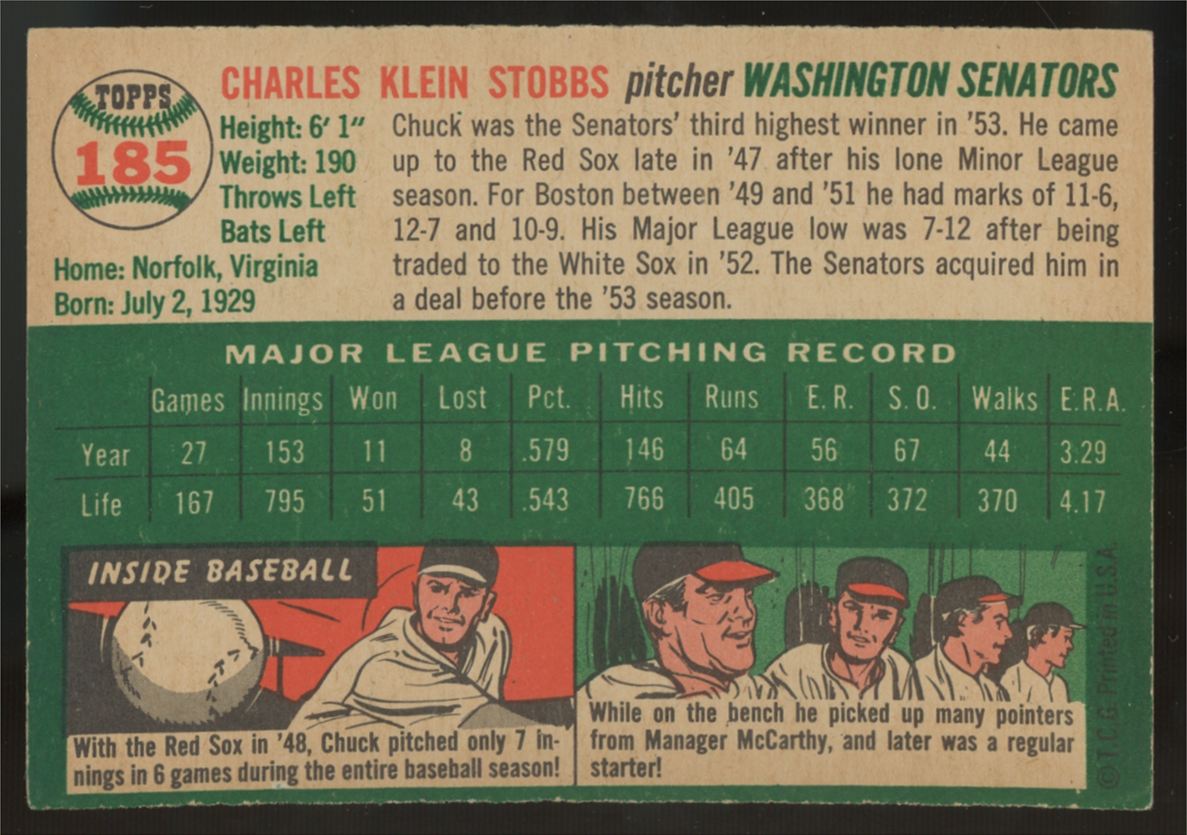 1954 Topps Chuck Stobbs #185 EX-MT
