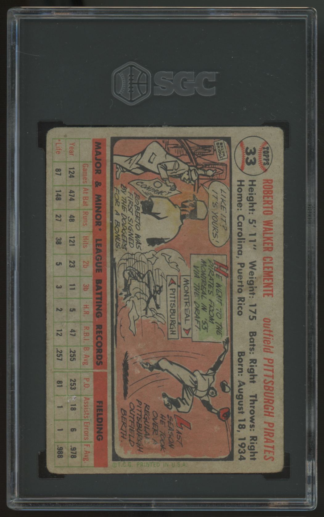 1956 Topps Roberto Clemente #33 Gray Back SGC 1
