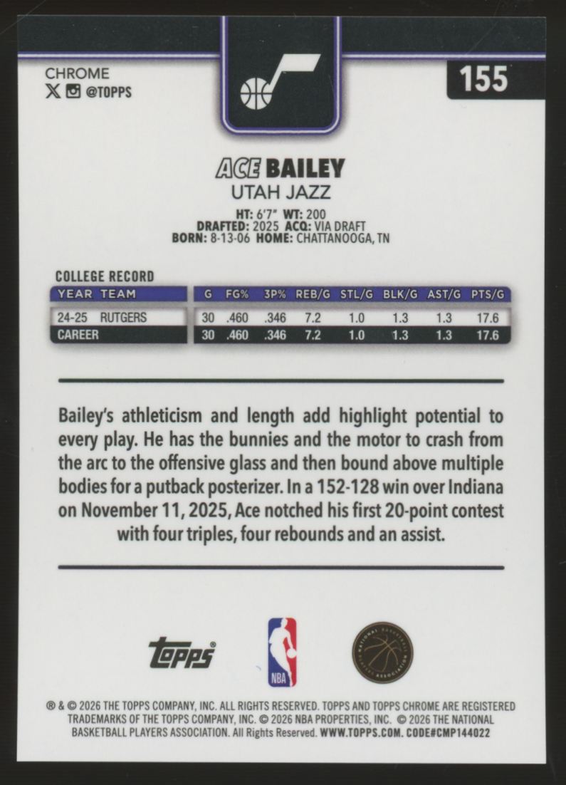 2025-26 Topps Chrome Update Sapphire Ace Bailey RC Gold /50 #155