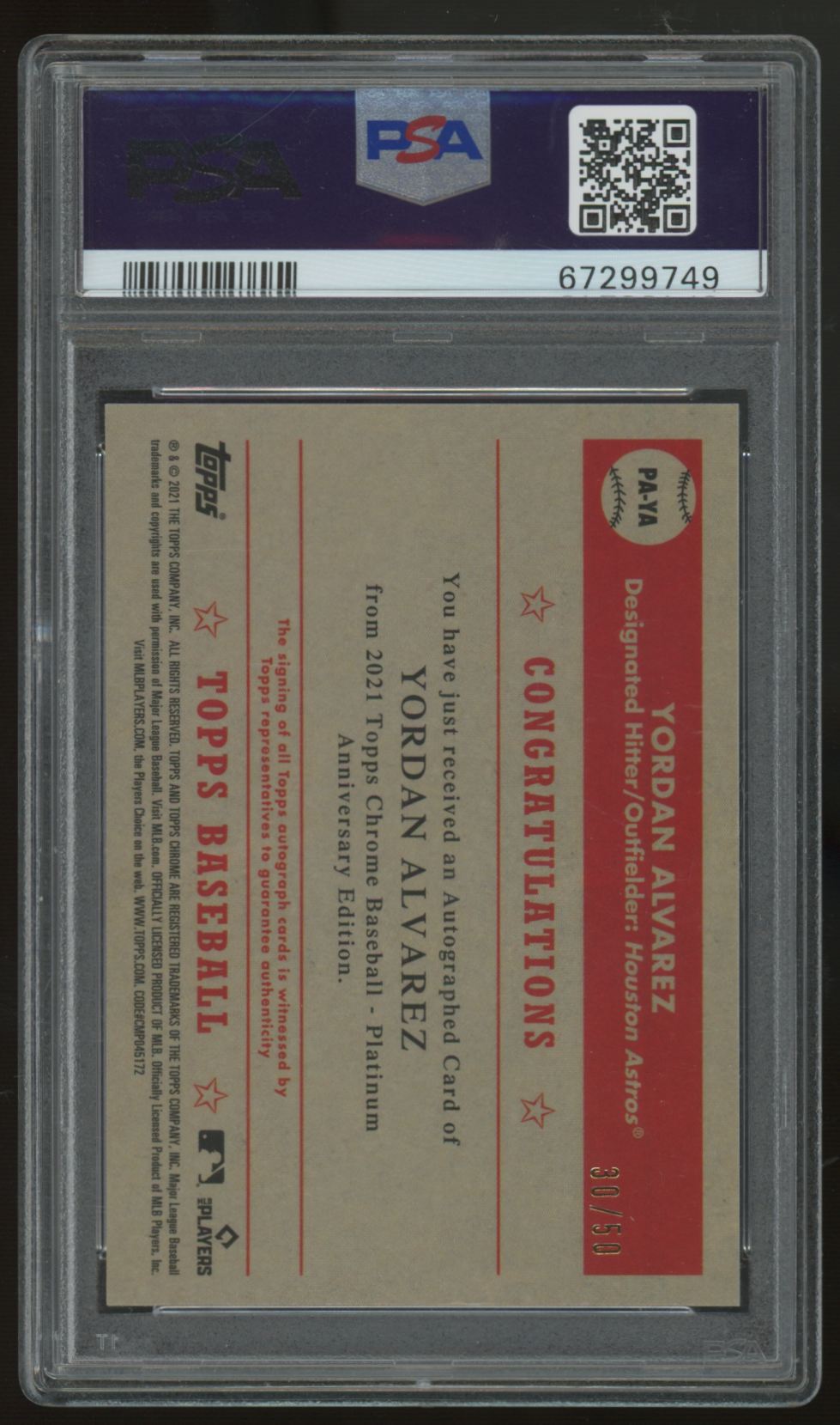 2021 Topps Chrome Platinum Anniversary Yordan Alvarez Gold Auto /50 PSA 10