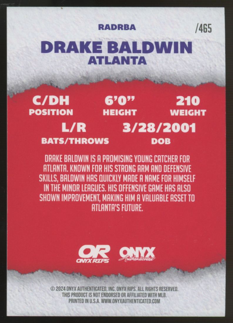 2024 Onyx Rips Drake Baldwin Cracked Ice Auto /465 #RADRBA