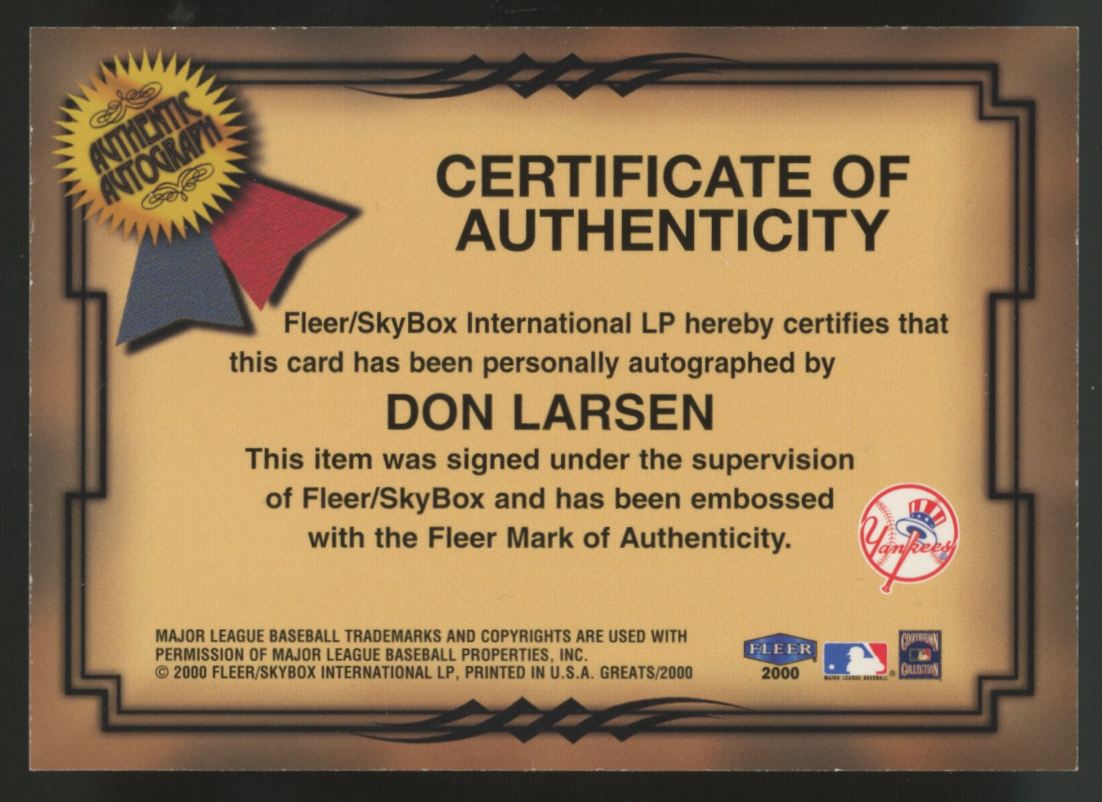 2000 Fleer Greats Of The Game Don Larsen Auto