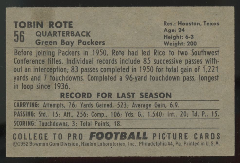 1952 Bowman Small Tobin Rote #56 NM