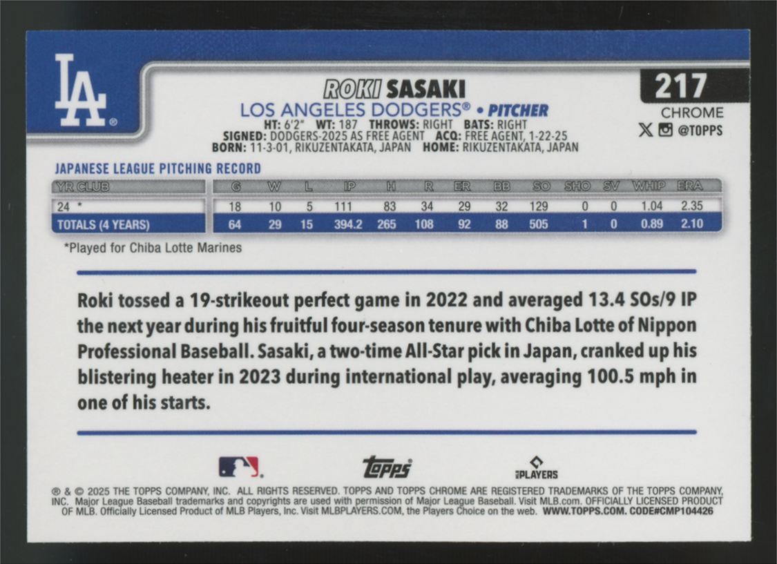2025 Topps Chrome Roki Sasaki RC Teal Refractor /299 #217