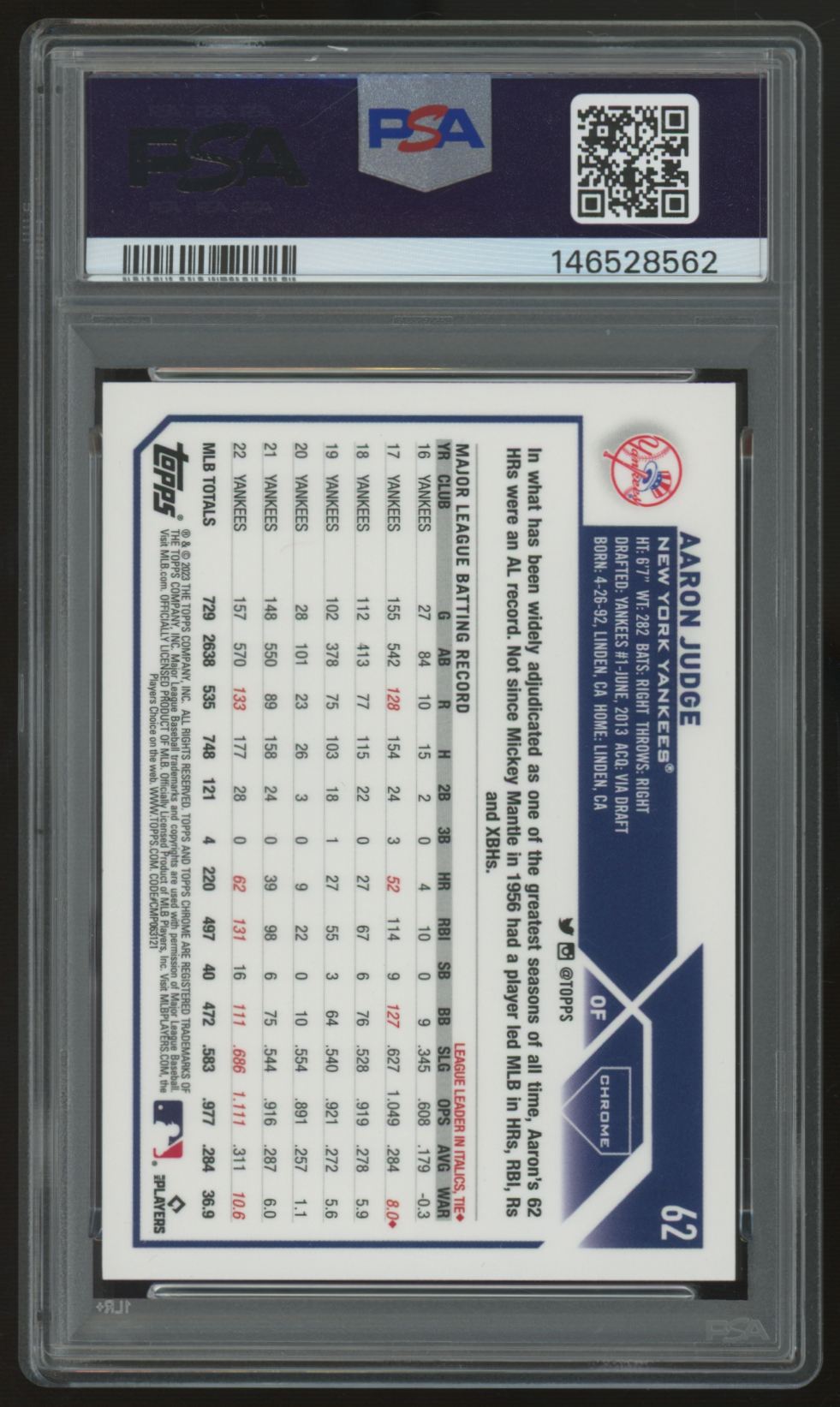 2023 Topps Chrome Aaron Judge Red Wave Refractor /5 #62 PSA 9