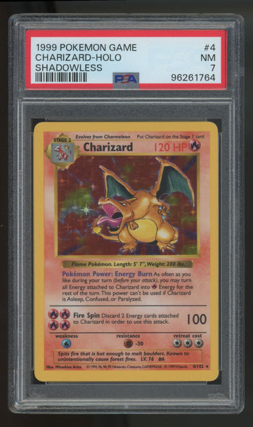 1999 Pokemon Charizard Base Set Unlimited Shadowless Holo #4 PSA 7