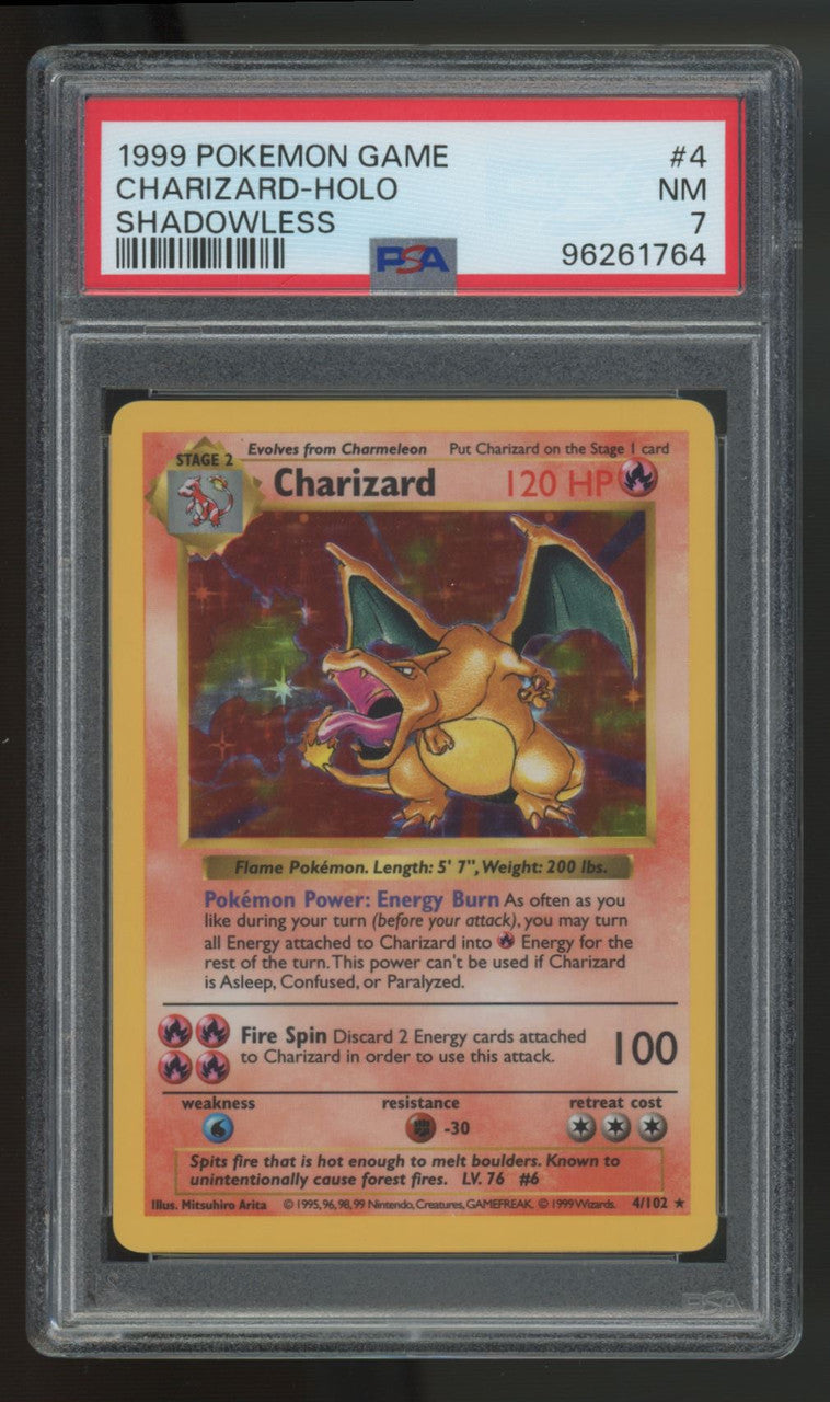 1999 Pokemon Charizard Base Set Unlimited Shadowless Holo #4 PSA 7