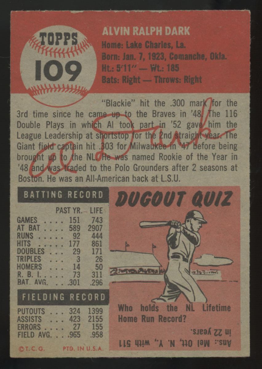 1953 Topps Alvin Dark #109 VG/EX-EX