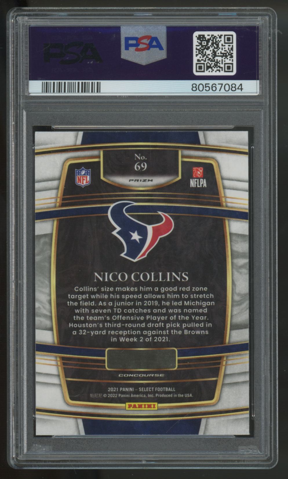 2021 Panini Select Nico Collins RC Concourse Cosmic Prizm SSP #69 PSA 10