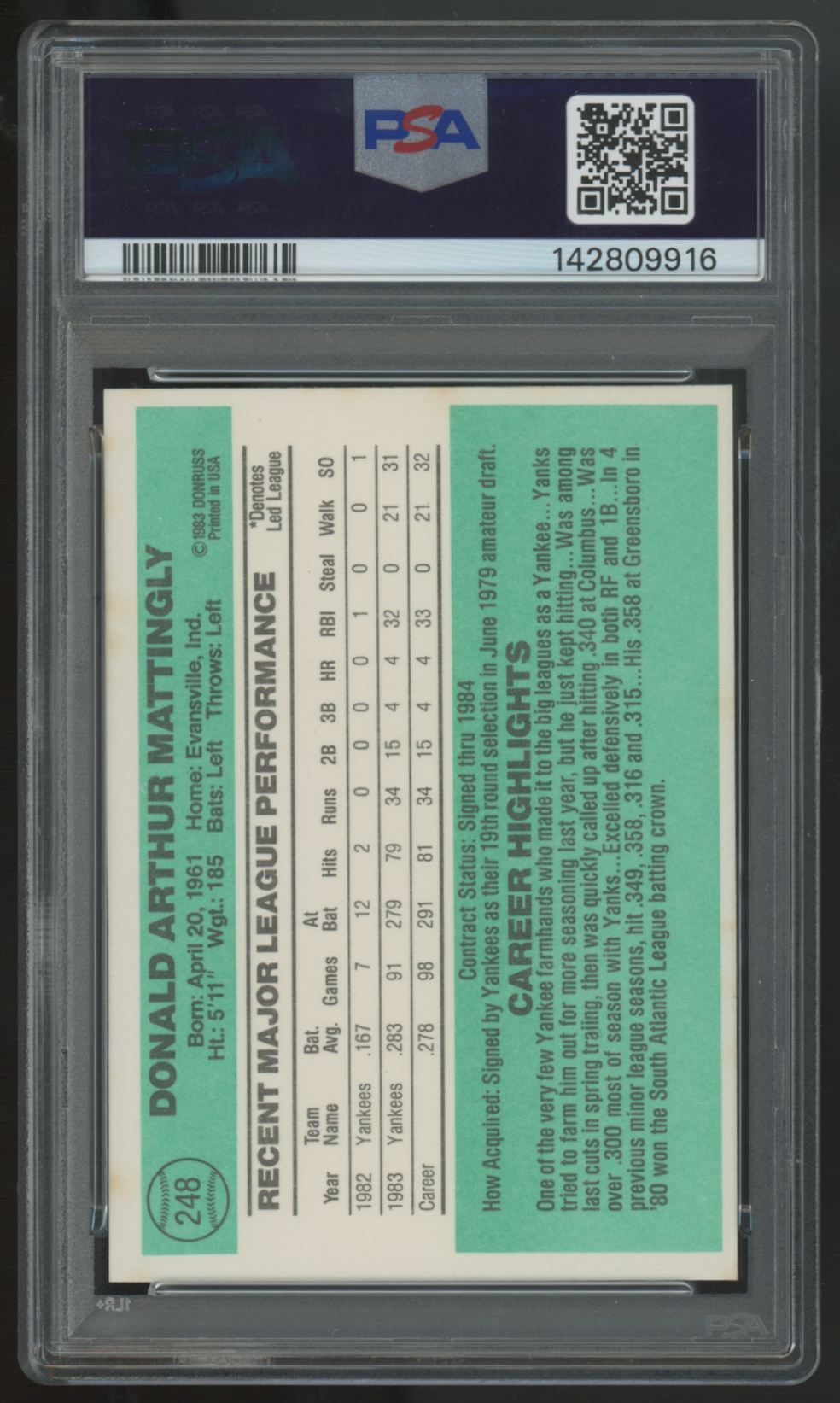 1984 Donruss Don Mattingly RC #248 PSA 9 *916