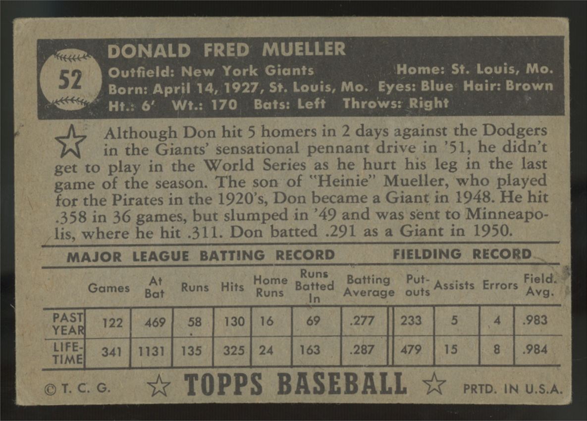 1952 Topps Don Mueller Black Back #52 Good