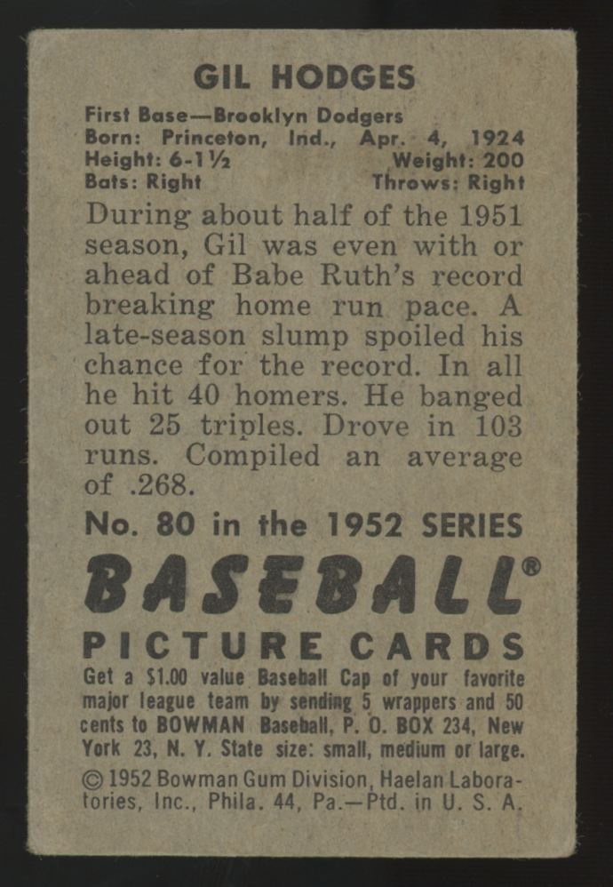 1952 Bowman Gil Hodges Picture Card #80 G/VG