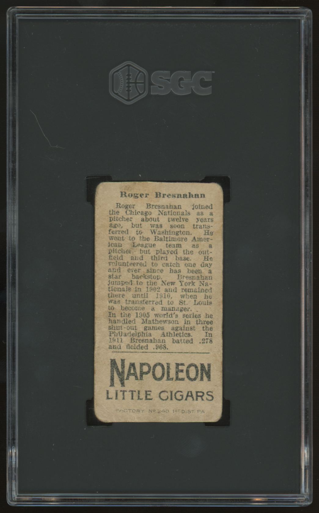 1912 Napoleon Little Cigars T207 Roger Bresnahan SGC Authentic Trimmed