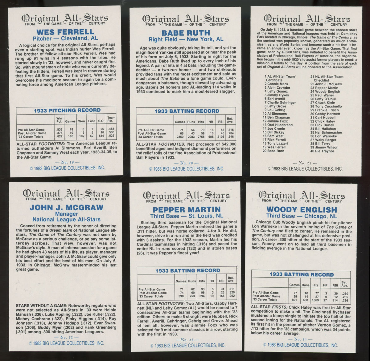 1983 Big League Collectibles Original All Stars Baseball Complete Set (40/40)