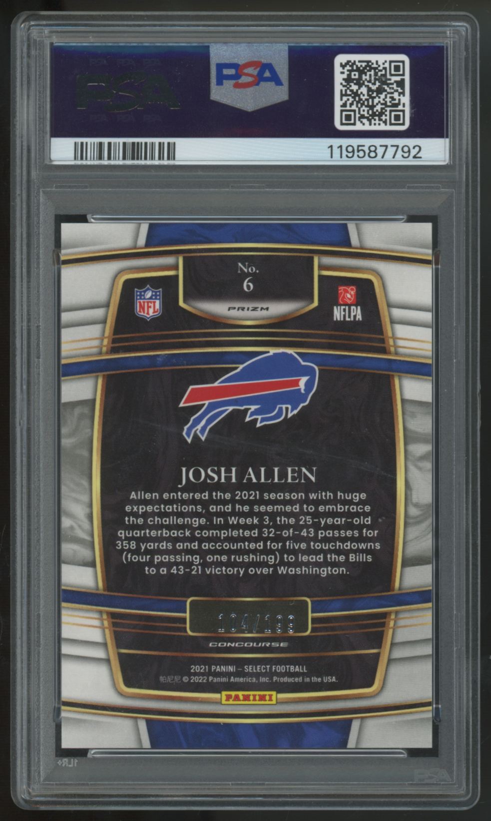 2021 Panini Select Josh Allen Concourse Blue Prizm /199 #6 PSA 10