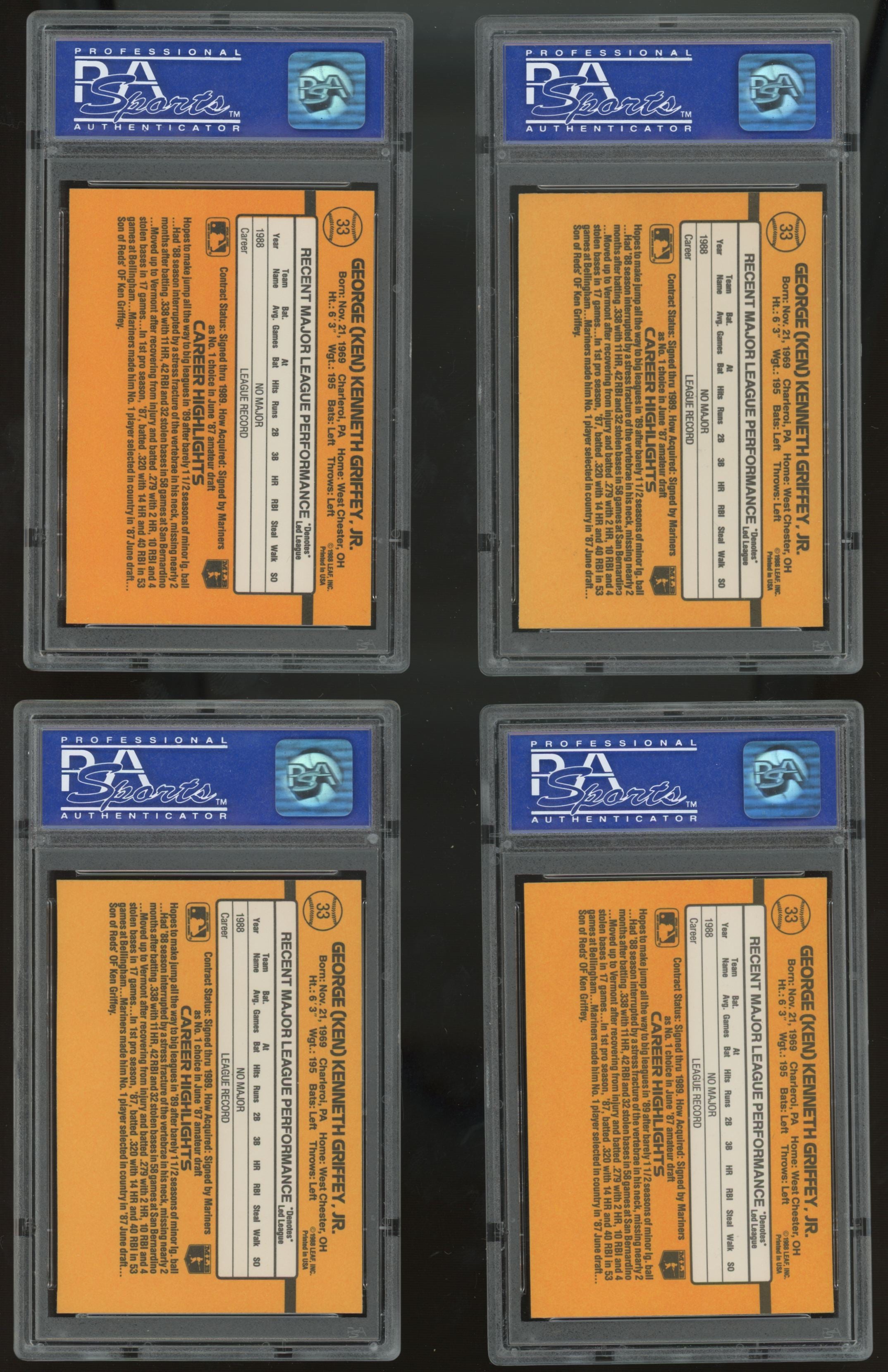 1989 Donruss Ken Griffey Jr. RC Rated Rookie #33 PSA 8 Lot of 10