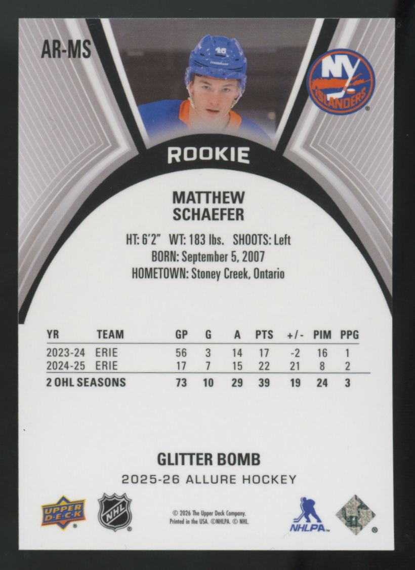2025-26 Upper Deck Allure Matthew Schaefer RC Glitter Bomb #AR-MS