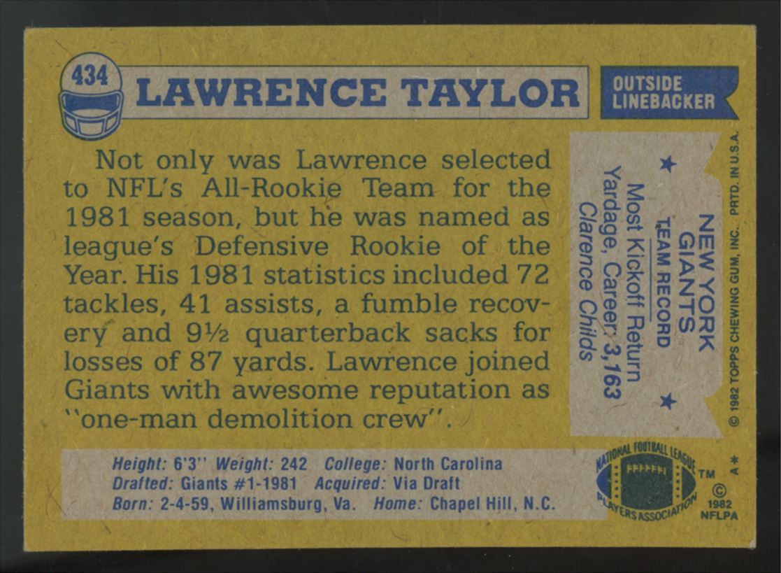 1982 Topps Lawrence Taylor RC #434 VG/EX "A"