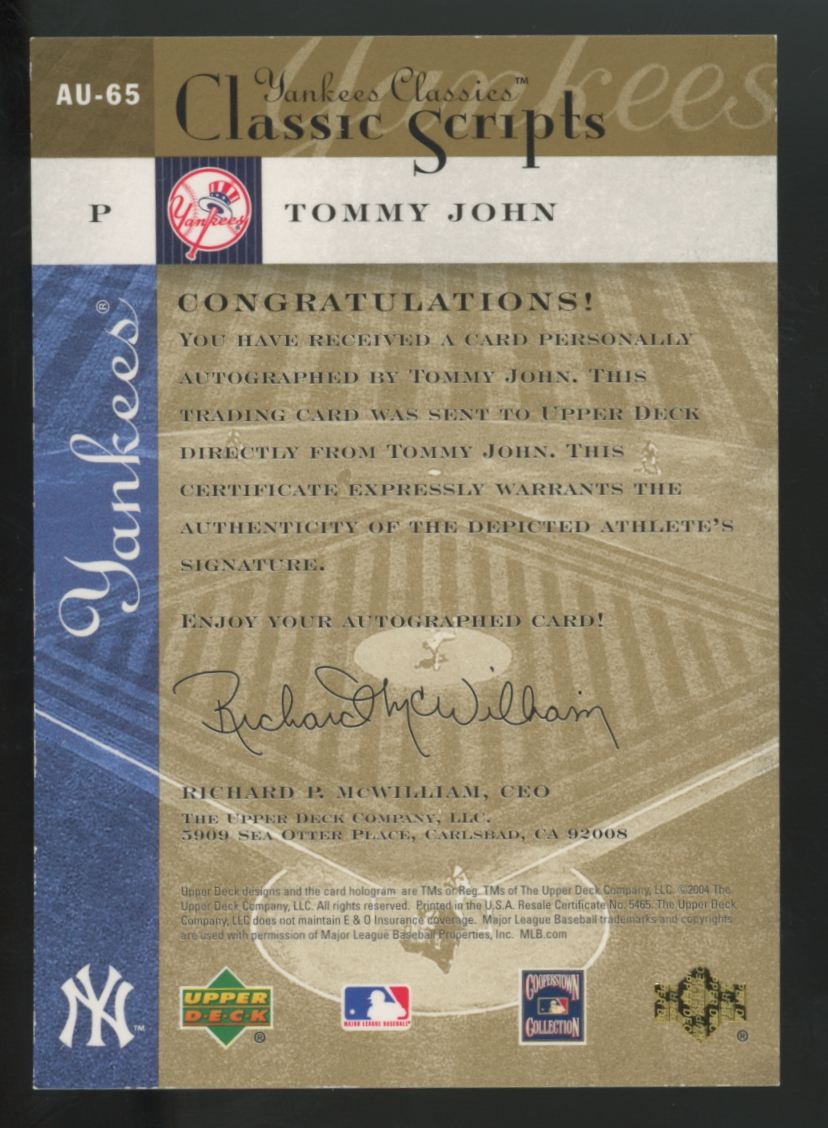 2004 Upper Deck Yankees Classic Tommy John Scripts Auto #AU-65
