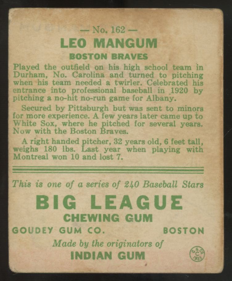 1933 Goudey Leo Mangum #162 Good
