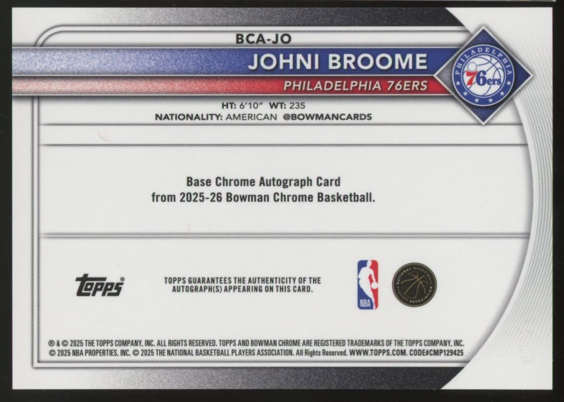 2025-26 Bowman Chrome Johni Broome RC Reptilian Green Auto /99 #BCA-JO