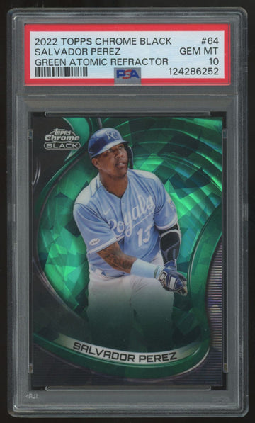 2022 Topps Chrome Black Salvador Perez Green Atomic Refractor /99 #64 PSA 10