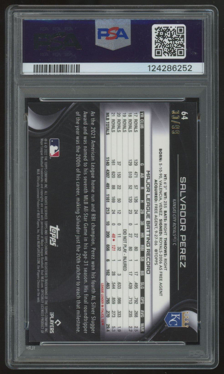 2022 Topps Chrome Black Salvador Perez Green Atomic Refractor /99 #64 PSA 10