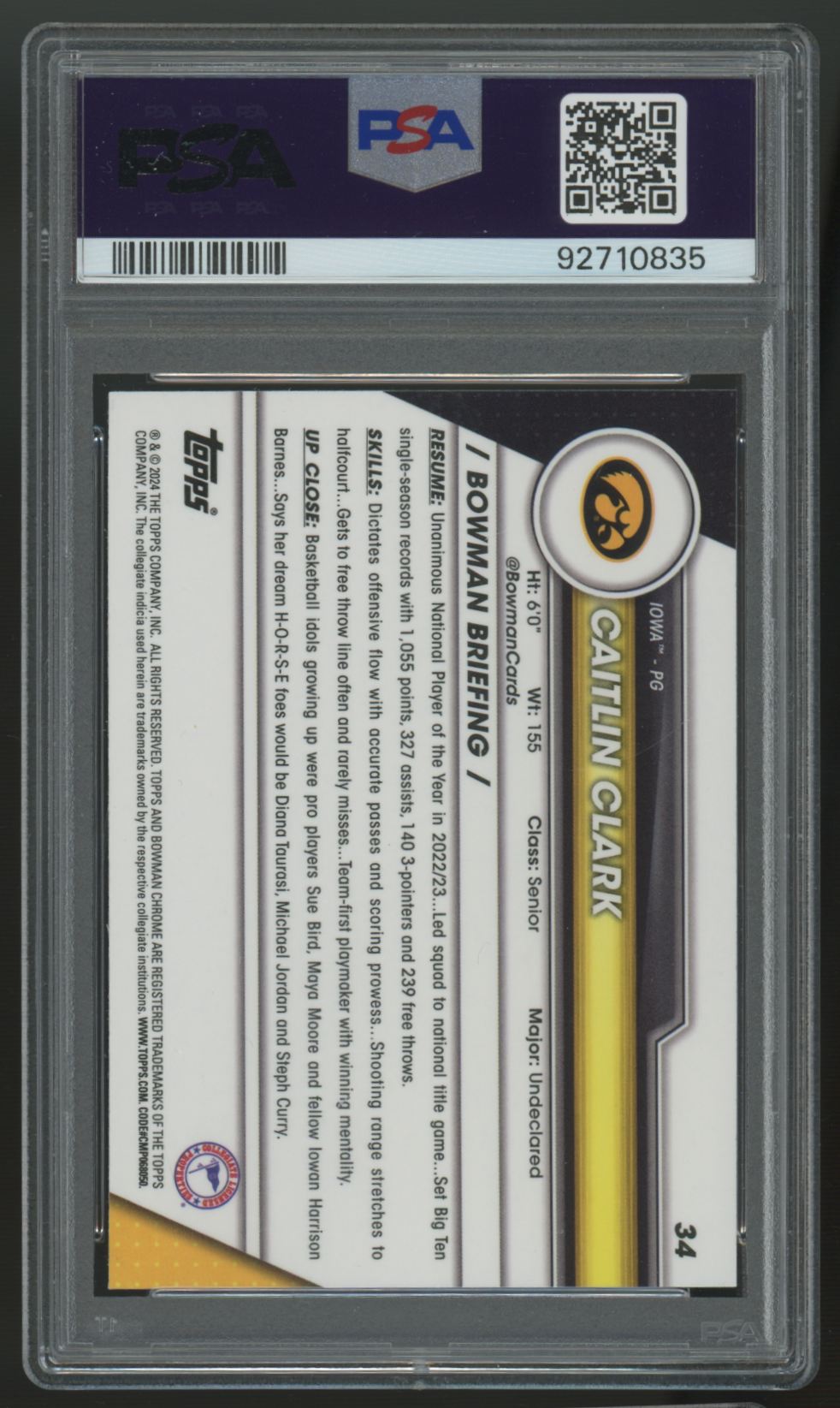 2023/24 Bowman Chrome U Caitlin Clark Prospect #34 PSA 10 *835