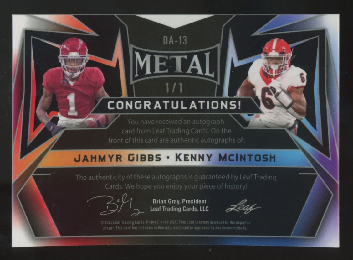 2023 Leaf Metal Jahmyr Gibbs/Kenny McIntosh RC Pink Dual Auto 1/1 #DA-13