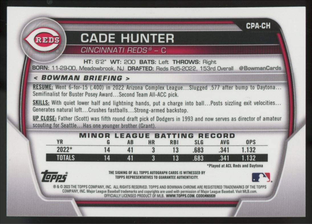 2023 Bowman Chrome Cade Hunter 1st Auto Purple /250 #CPA-CH