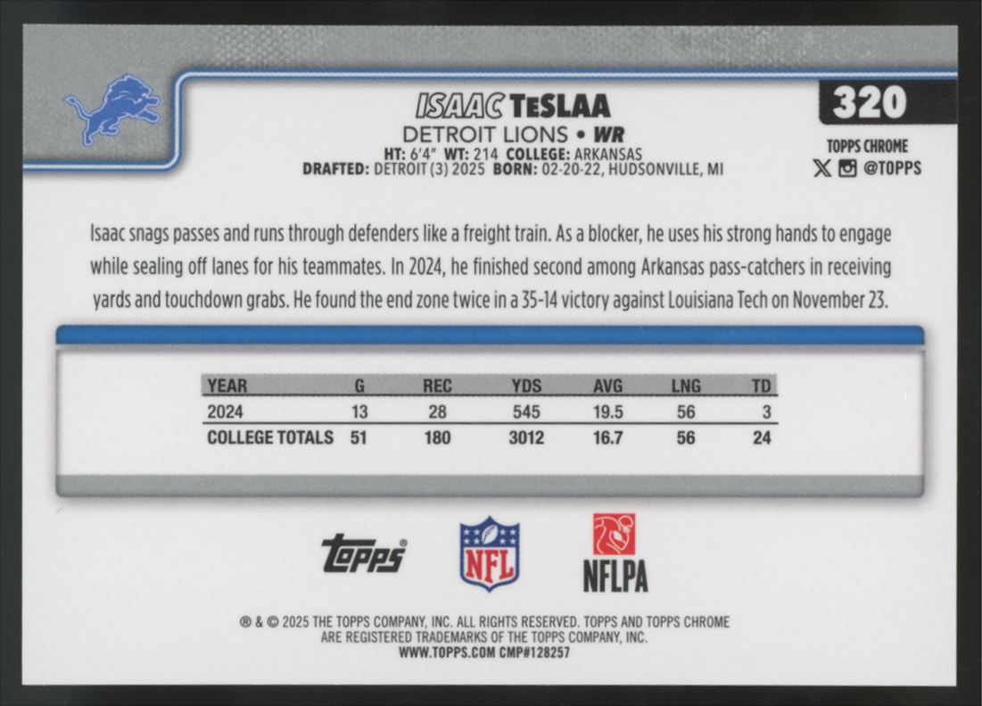2025 Topps Chrome Isaac TeSlaa RC Football Leather Gold /50 #320