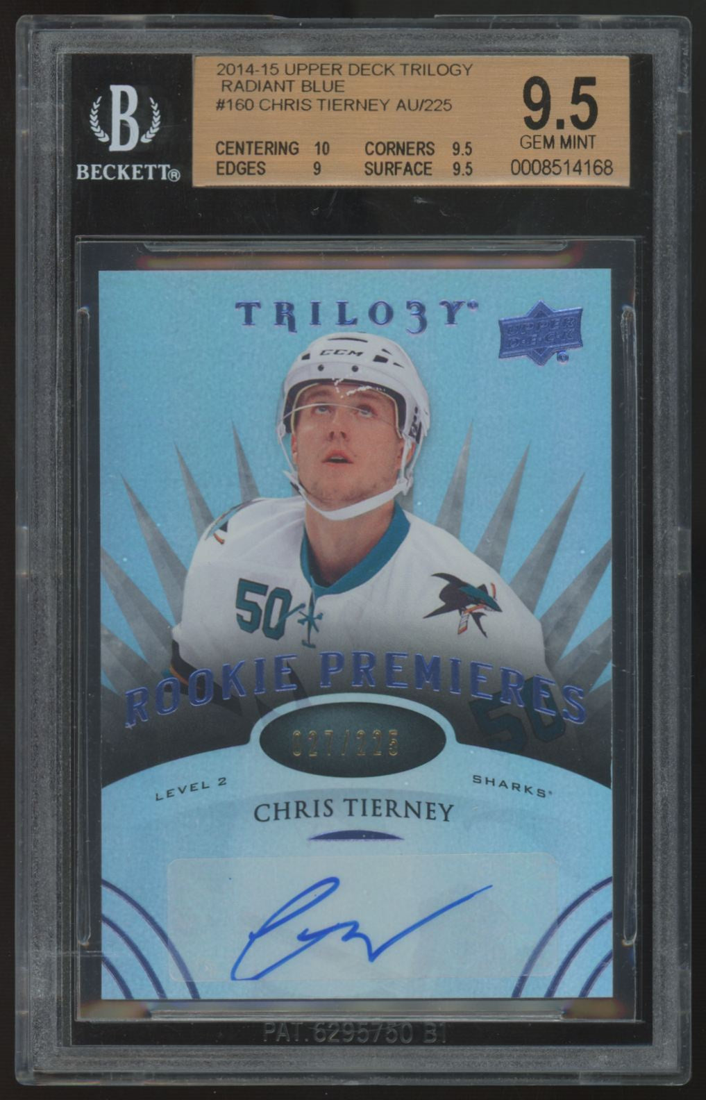 2014-15 UD Trilogy Chris Tierney RC Radiant Blue Premieres Auto /225 BGS 9.5 9