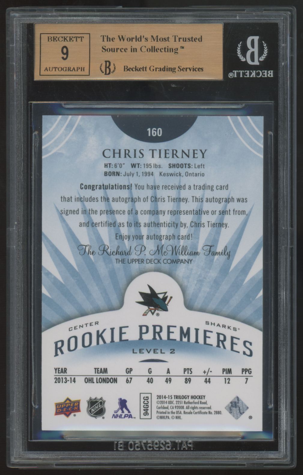 2014-15 UD Trilogy Chris Tierney RC Radiant Blue Premieres Auto /225 BGS 9.5 9