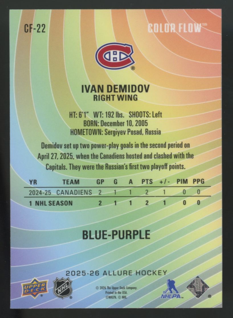 2025-26 Upper Deck Allure Ivan Demidov RC Blue-Purple Color Flow #CF-22