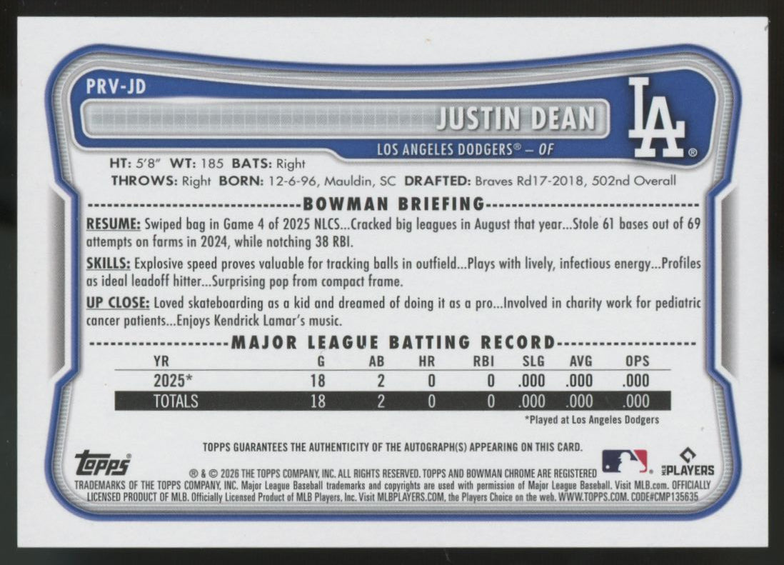 2026 Bowman Justin Dean RC Green Border Auto /99 #PRV-JD