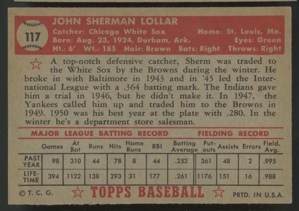 1952 Topps Sherman Lollar #117 VG "A"