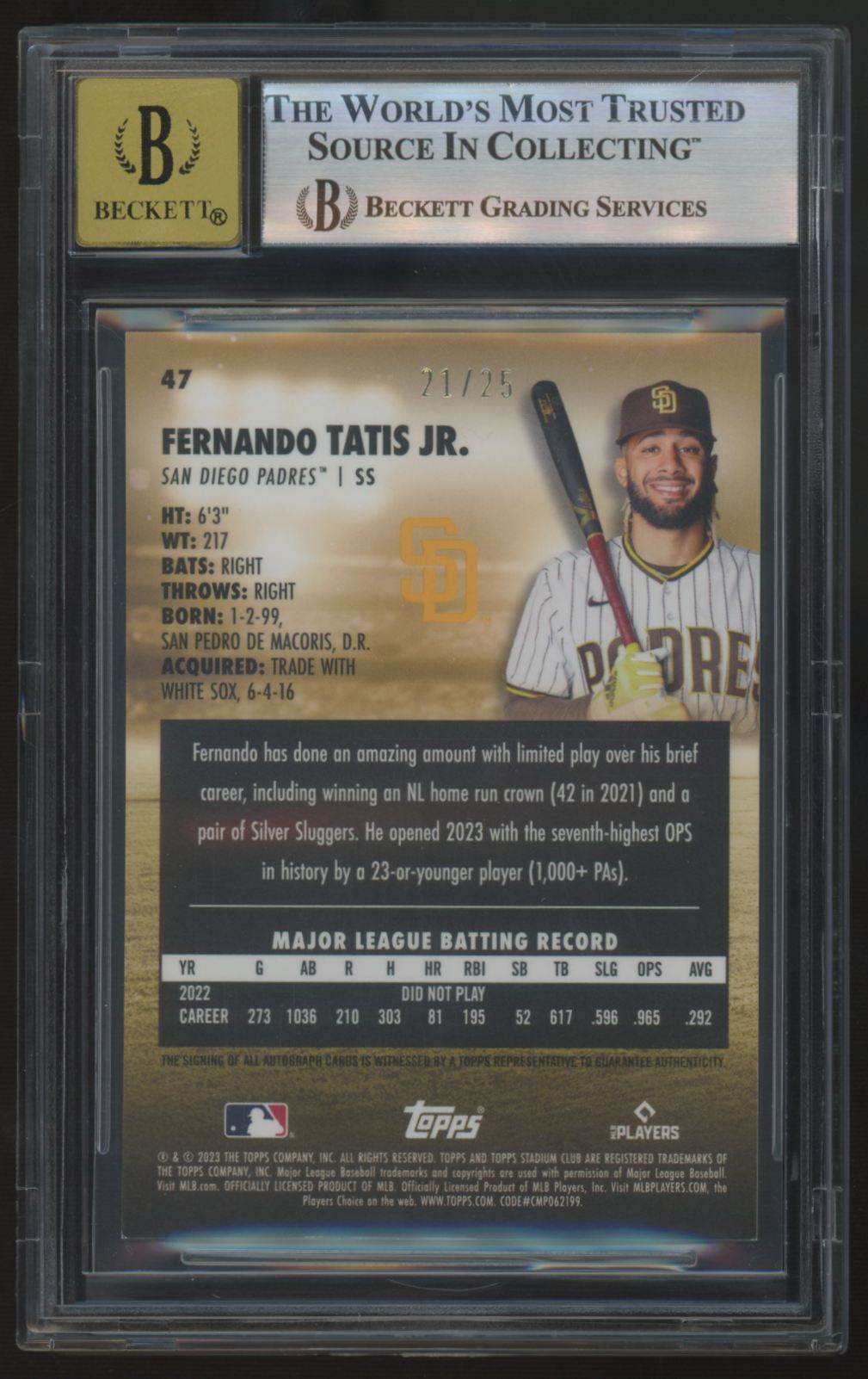 2023 Stadium Club Chrome Fernando Tatis Jr. Auto /25 #47 BGS 8.5 10